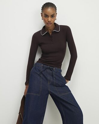 Brown Cosy Tipped Polo Top