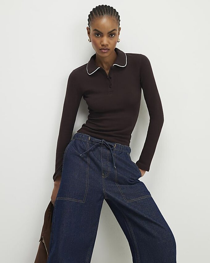 Brown Cosy Tipped Polo Top