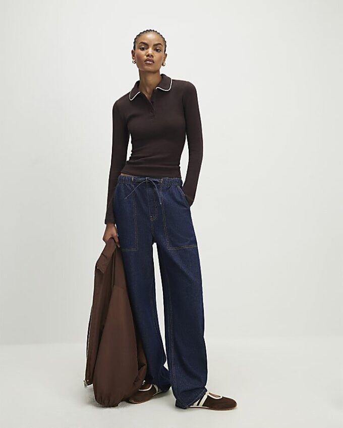 Brown Cosy Tipped Polo Top