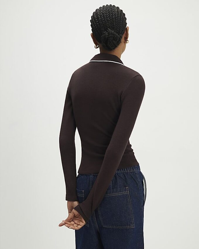 Brown Cosy Tipped Polo Top