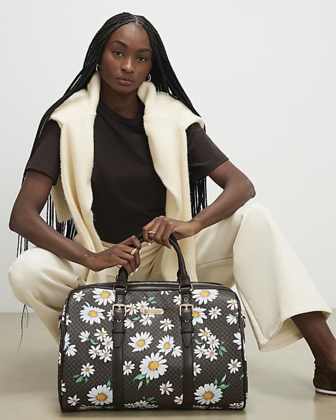 Brown Daisy Monogram Barrell Bag