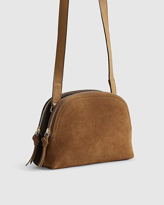 Brown Double Zip Suede Cross Body Bag