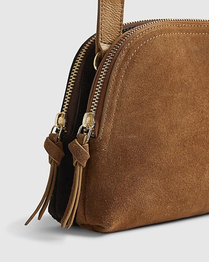 Brown Double Zip Suede Cross Body Bag