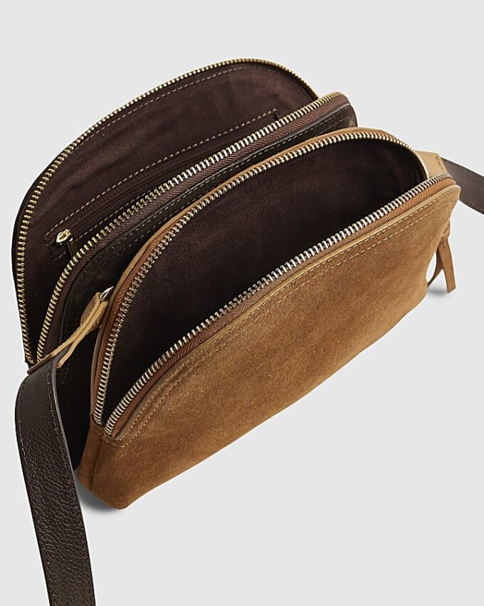 Brown Double Zip Suede Cross Body Bag