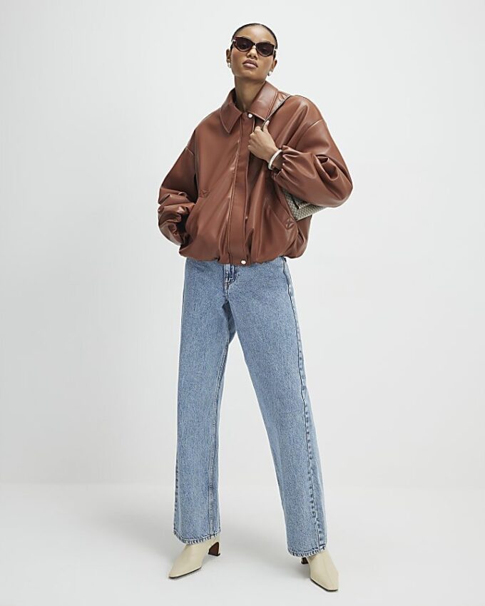 Brown Faux Leather Bubble Hem Bomber Jacket