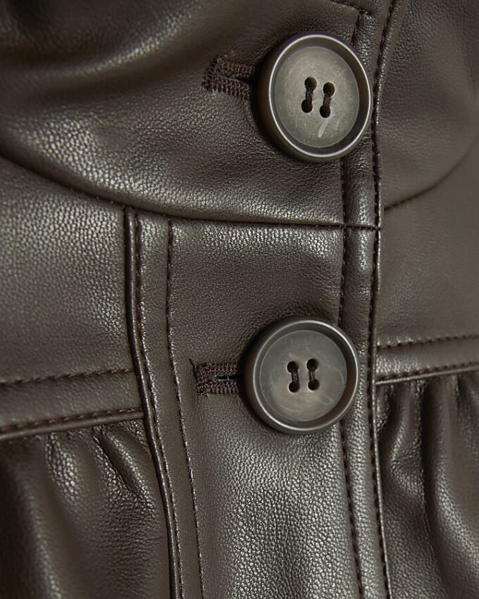 Brown Faux Leather Gathered Sleeve Jacket