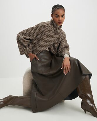Brown Faux Leather Midi Skirt