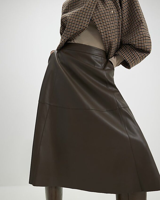 Brown Faux Leather Midi Skirt