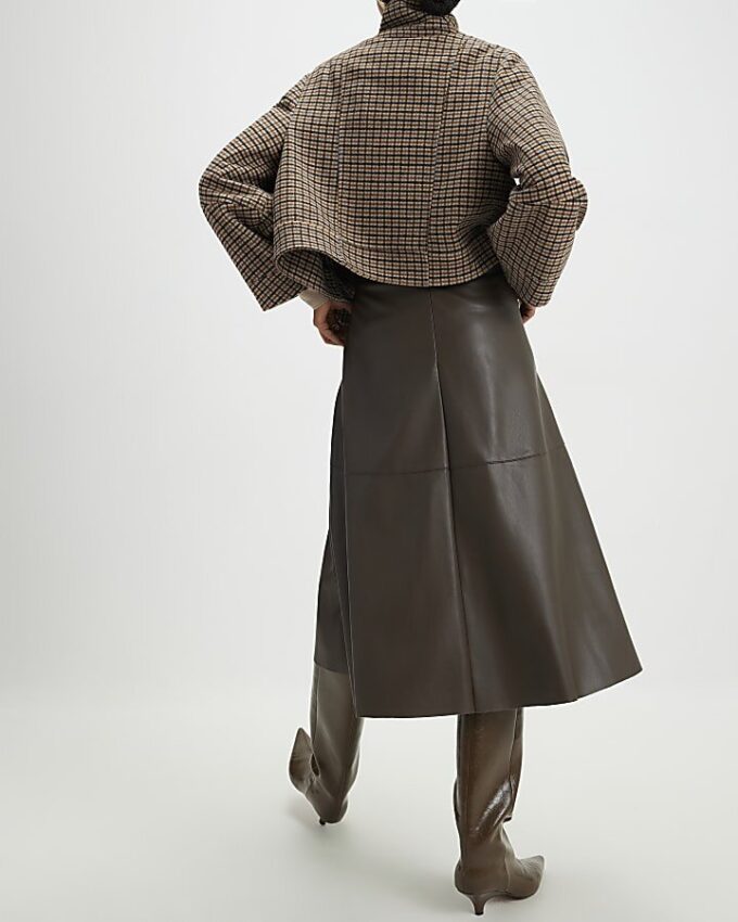 Brown Faux Leather Midi Skirt