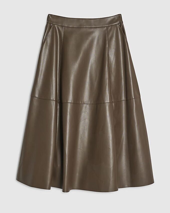 Brown Faux Leather Midi Skirt