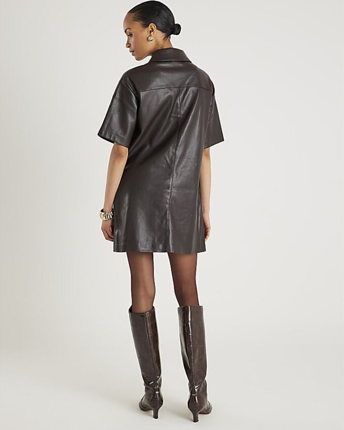 Brown Faux Leather Pocket Detail Shirt Dress