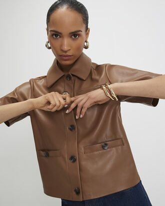 Brown Faux Leather Short Sleeve Pocket Shirt