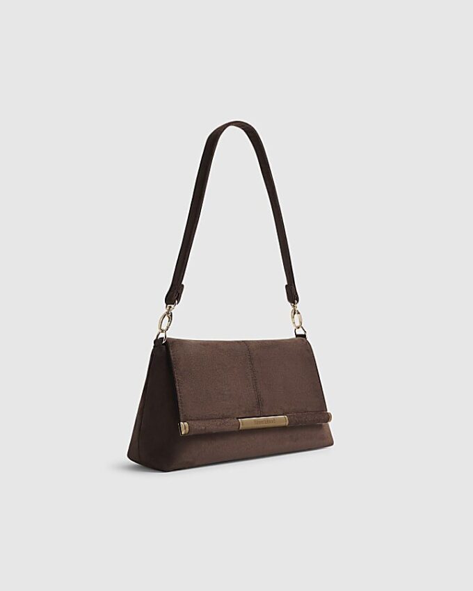 Brown Faux Suede Bar Front Clutch Bag