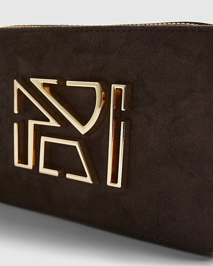 Brown Faux Suede Branded Cross Body Bag