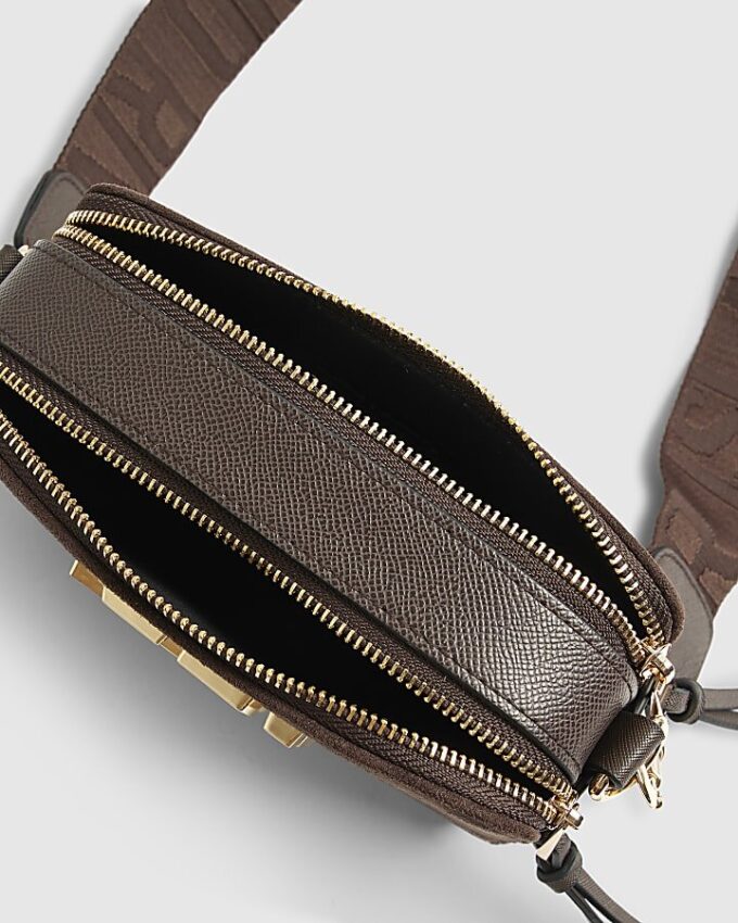 Brown Faux Suede Branded Cross Body Bag