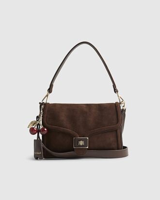 Brown Faux Suede Cherry Charm Shoulder Bag