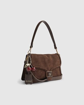 Brown Faux Suede Cherry Charm Shoulder Bag
