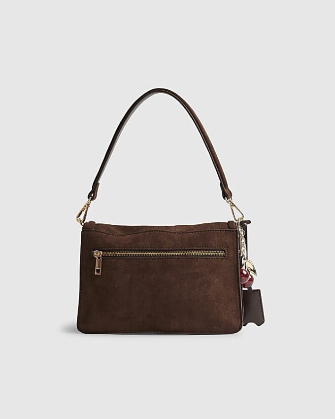 Brown Faux Suede Cherry Charm Shoulder Bag