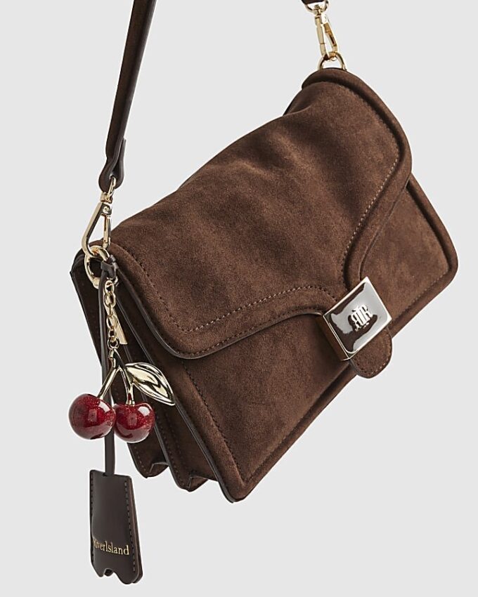 Brown Faux Suede Cherry Charm Shoulder Bag