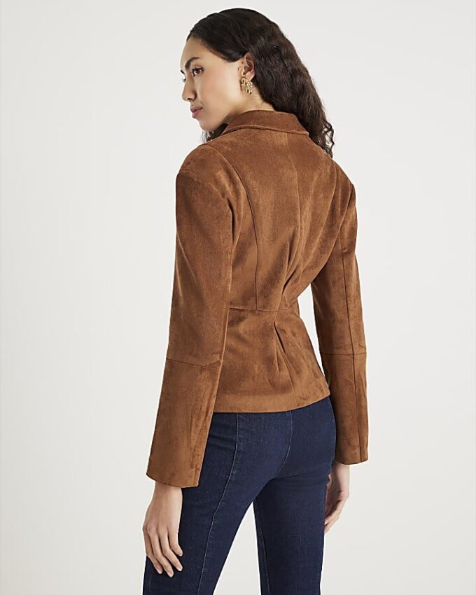 Brown Faux Suede Fitted Blazer