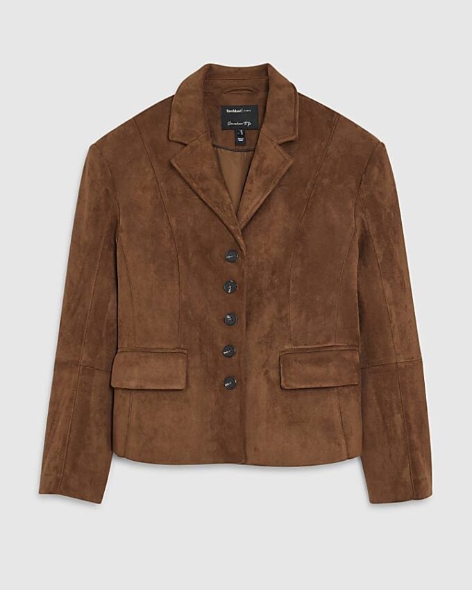 Brown Faux Suede Fitted Blazer