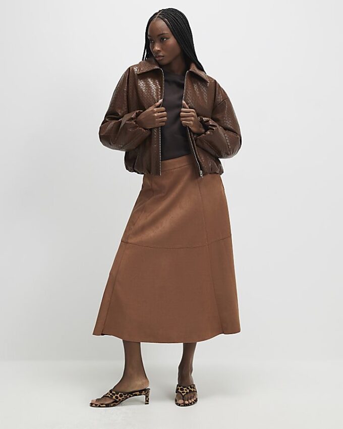 Brown Faux Suede Full Circle Midi Skirt
