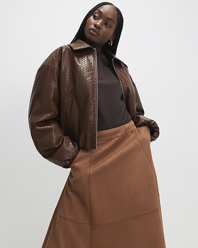 Brown Faux Suede Full Circle Midi Skirt