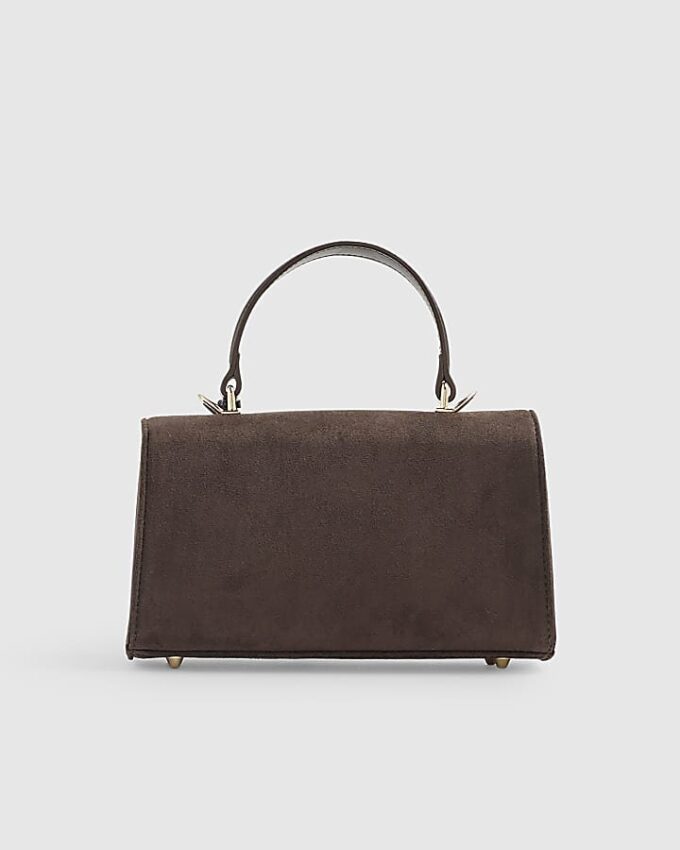 Brown Faux Suede Lock Front Tote Bag