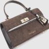 Brown Faux Suede Lock Front Tote Bag