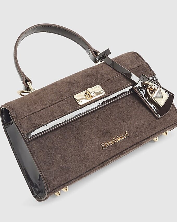 Brown Faux Suede Lock Front Tote Bag