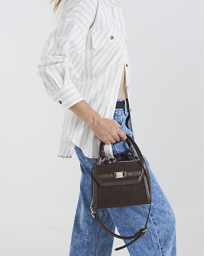 Brown Faux Suede Mini Cross Body Tote Bag