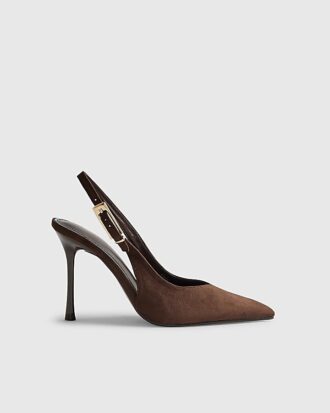 Brown Faux Suede Sling Back Court Heels