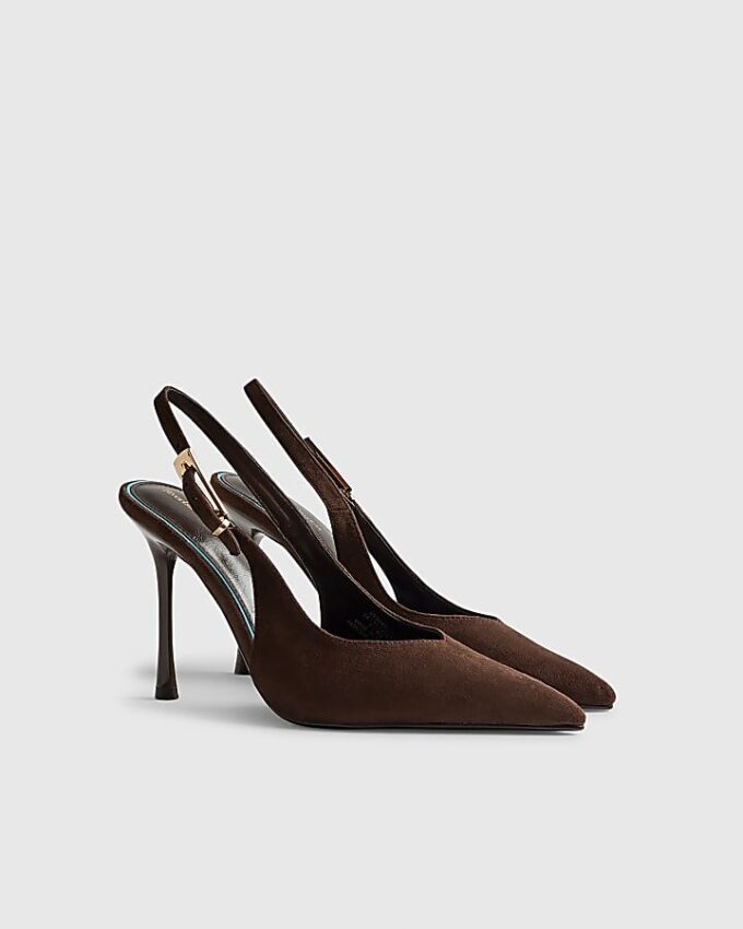 Brown Faux Suede Sling Back Court Heels
