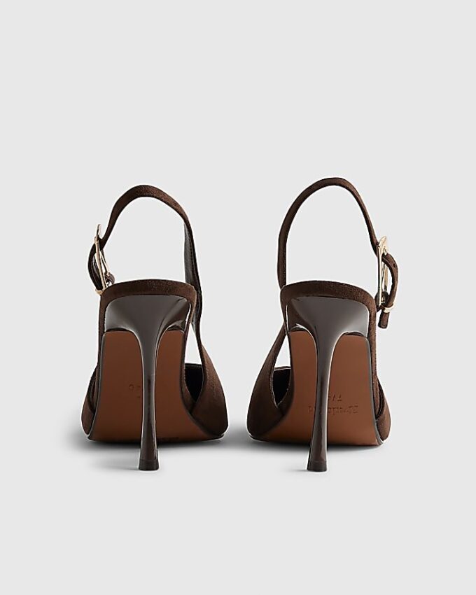 Brown Faux Suede Sling Back Court Heels