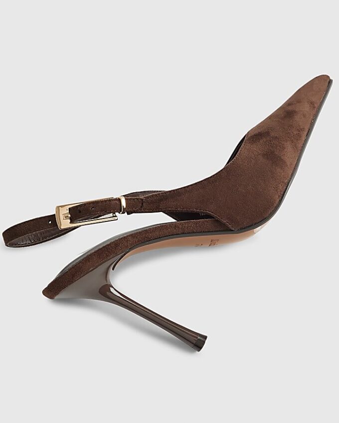 Brown Faux Suede Sling Back Court Heels