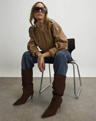 Brown Faux Suede Slouch High Leg Boots