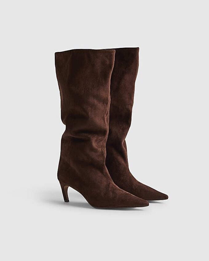Brown Faux Suede Slouch High Leg Boots