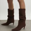 Brown Faux Suede Slouch High Leg Boots