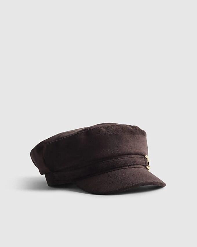 Brown Faux Suede Snaffle Baker Boy Hat