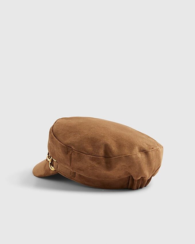 Brown Faux Suede Snaffle Baker Boy Hat