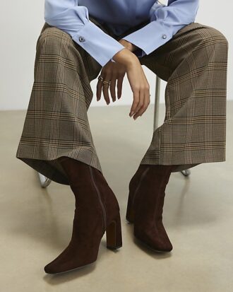 Brown Faux Suede Square Toe Heeled Boots