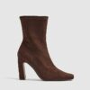 Brown Faux Suede Square Toe Heeled Boots