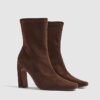 Brown Faux Suede Square Toe Heeled Boots