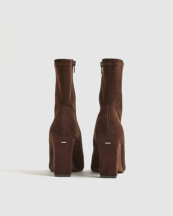 Brown Faux Suede Square Toe Heeled Boots