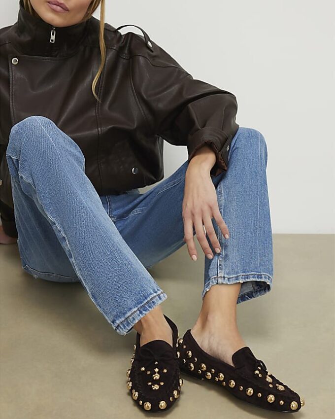 Brown Faux Suede Studded Loafers