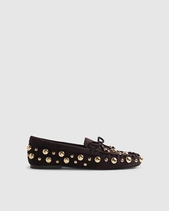 Brown Faux Suede Studded Loafers
