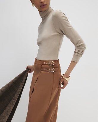 Brown Faux Suede Wrap Midi Skirt