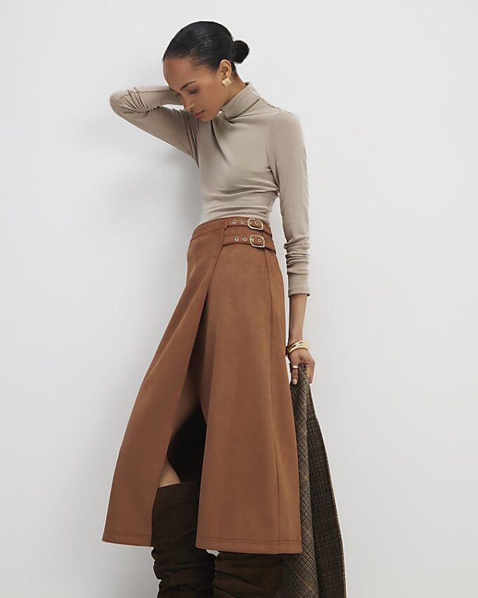 Brown Faux Suede Wrap Midi Skirt