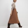 Brown Faux Suede Wrap Midi Skirt