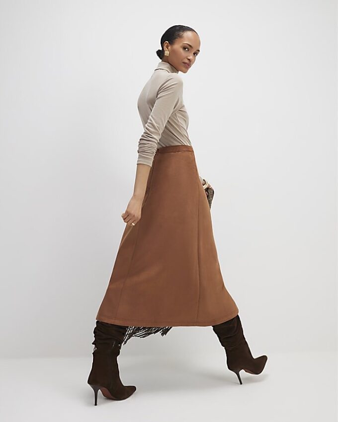 Brown Faux Suede Wrap Midi Skirt